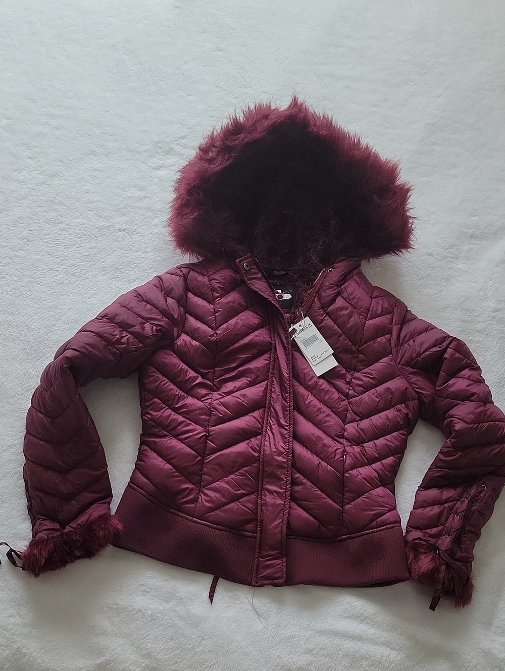 Amazon Women's Quilted Hooded Puffer Jacket with Faux Fur - Burgundy